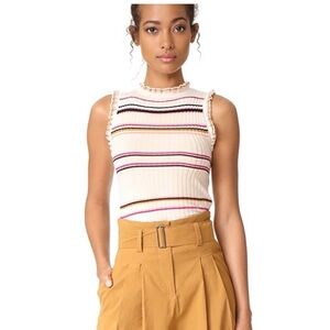 Rebecca Taylor Striped Ruffle Sleeveless Ribbed Knit Tank Preppy Medium
